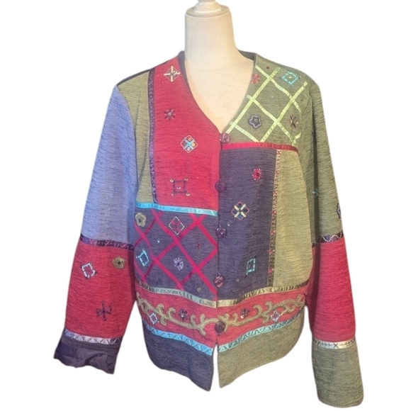 Vtg 90s patchwork Boho embellished Sage/ Fuschia/ button front boxy jacket sz M - Picture 9 of 12